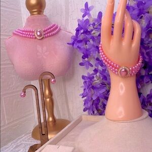 🎀 3 Piece Pink Pearl Rhinestone Jewelry Set 🎀 w/ Velvet or Satin Gift Bag